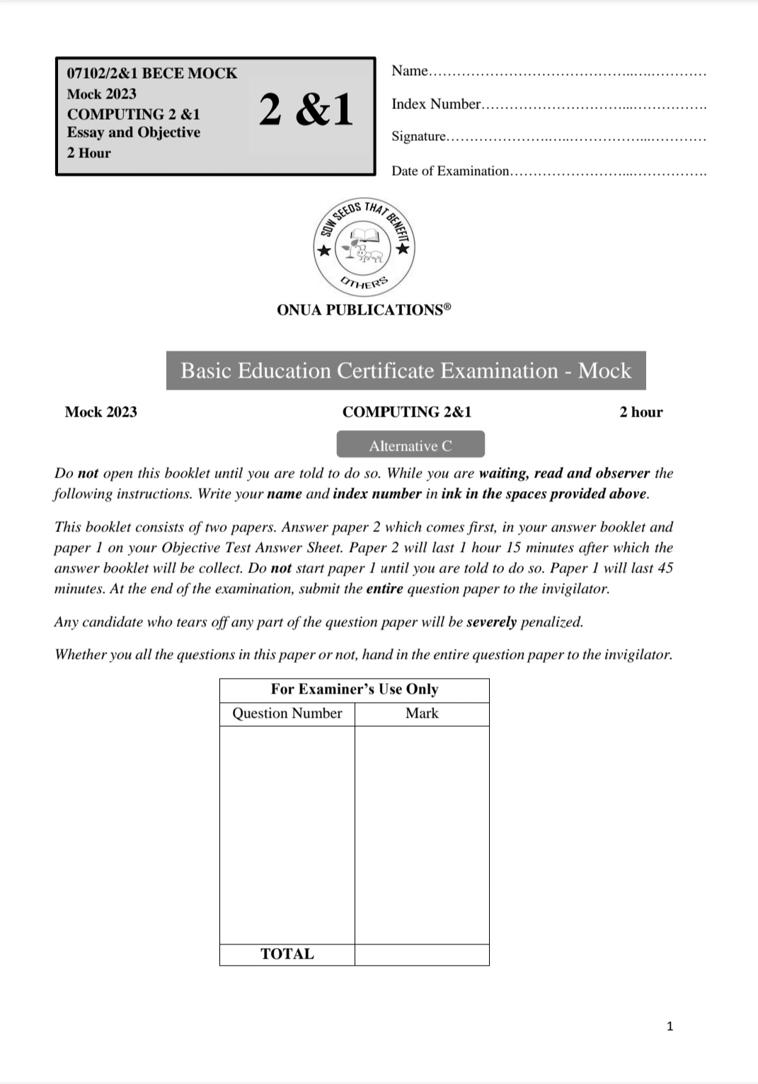 BECE Mock 2024 / 2025 Computing